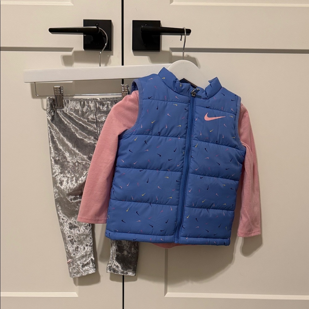 Nike Blue Girls Puffer Vest with Pink Shirt and Crushed Velvet Pants 24 Months